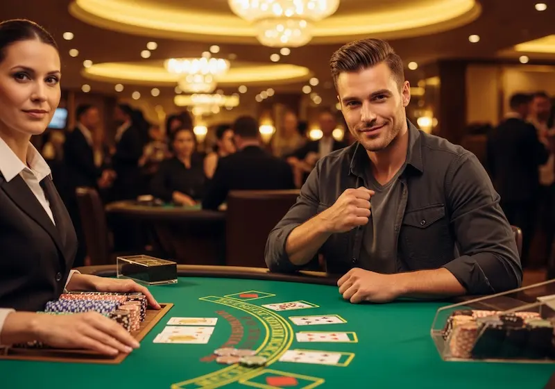 Smiling casino guest holding winning blackjack cards at Casino Frenzy.