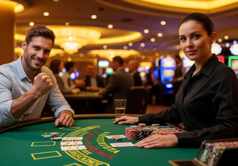 Smiling casino guest celebrating a blackjack victory at TG777 Casino Login table.