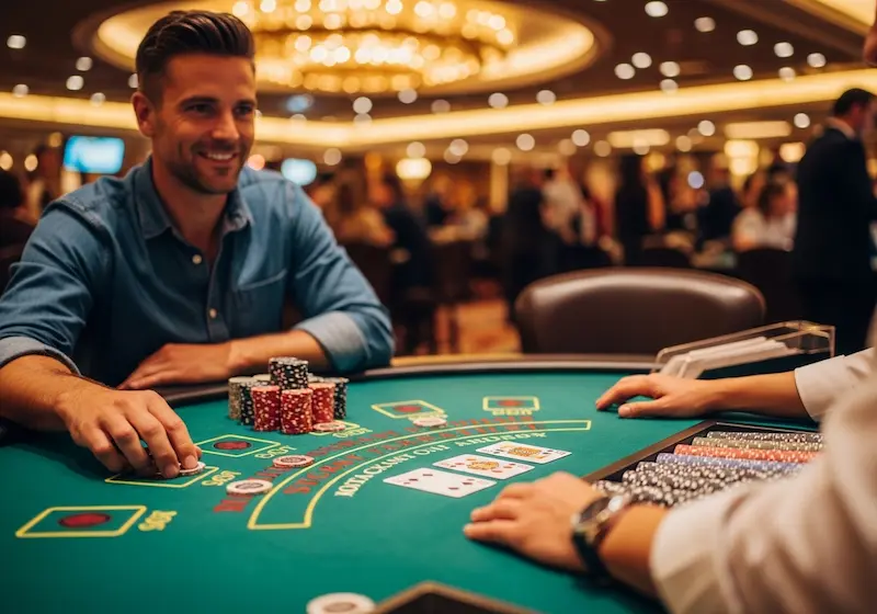 Excited blackjack player smiling after winning a hand at TG777 Casino Login.