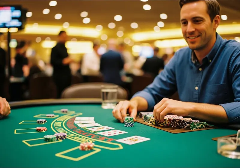 Happy smiling player winning at blackjack table during TG777 Casino Login session.