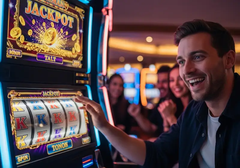 Happy gambler celebrating a successful spin on a slot machine at Teddy Casino.