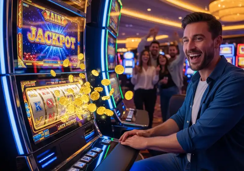 Winning slot player cheering with bright lights flashing at Teddy Casino.