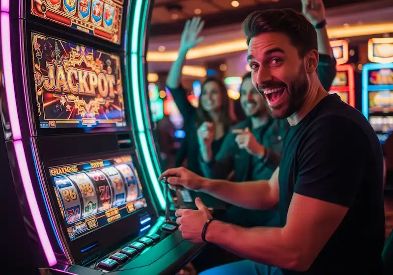 Happy player smiling after winning on a slot machine at Teddy Casino.
