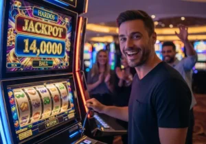 Happy player celebrating a big win while playing casino slots at JB Casino.