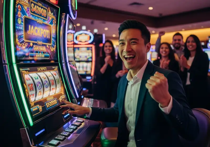 Smiling player enjoying a winning moment on a casino slot machine at JB Casino.