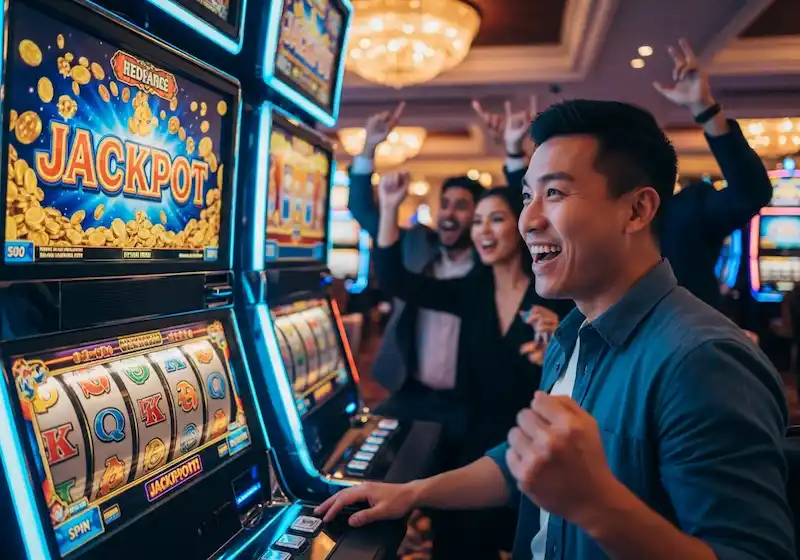 Excited casino guest reacting to a slot machine win at JB Casino.