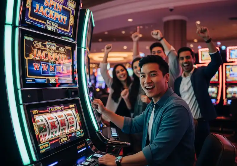 Winning slot player smiling brightly during a jackpot spin at JB Casino.
