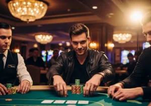 Happy male poker player winning a big pot at Networld Hotel Spa and Casino, smiling confidently at an upscale tournament table.