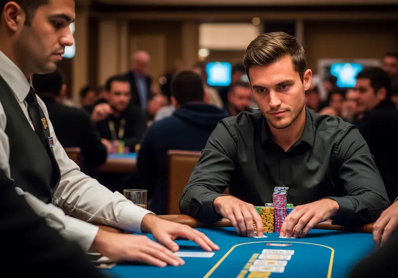 Smiling casino poker player pushing chips after winning at Networld Hotel Spa and Casino in a professional tournament setting.
