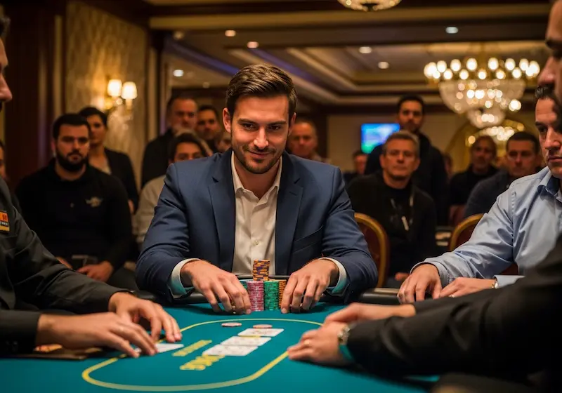 Happy and confident male player winning poker tournament at Networld Hotel Spa and Casino with chips stacked high.