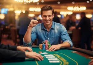 Casual male player stacking chips during a poker cash game at Widus Hotel and Casino Clark under warm casino lights.