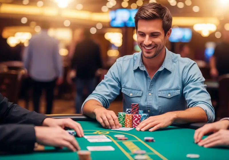 Focused poker player with cards face down and chips stacked high at Widus Hotel and Casino Clark.
