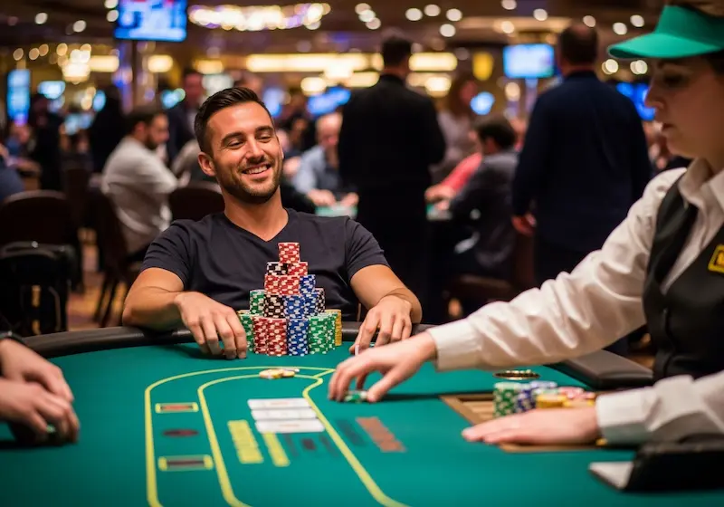 Male poker enthusiast smiling while stacking chips at Widus Hotel and Casino Clark cash game table.