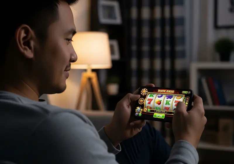 Happy Filipino player holding smartphone and enjoying online gaming at WinHQ.com Casino inside a softly lit living room.