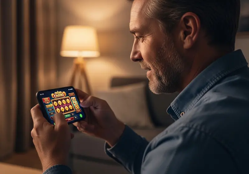 Joyful man holding smartphone after a win on WinHQ.com Casino in a casual home living room.