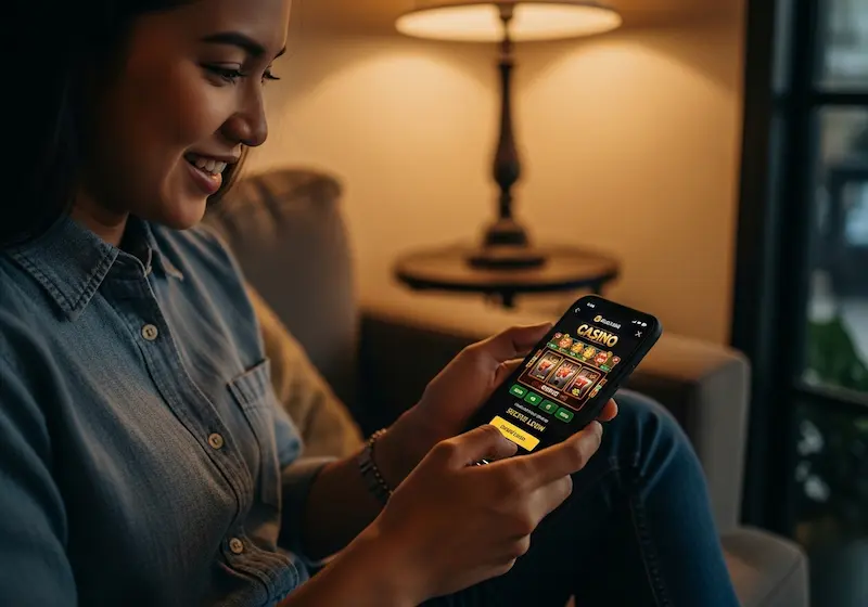 Filipino adult enjoying mobile casino, interacting with 30 jili casino login interface, cozy lighting and modern gaming vibe.