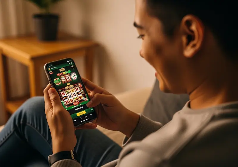 Happy Filipino adult holding phone, playing online casino games, with 30 jili casino login visible on screen.