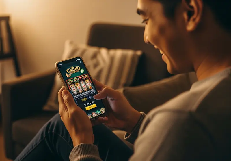 Person using smartphone to access 30 jili casino login, playing online slots with joy in a cozy home or café setting.