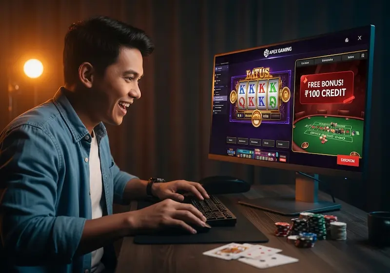 Excited player enjoying online casino games with cards, chips, and slots, featuring casino plus free 100 bonus credit.