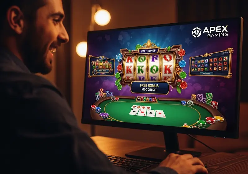 Player celebrating a win at an online casino, poker chips and Apex Gaming logo visible, highlighting casino plus free 100 credit.