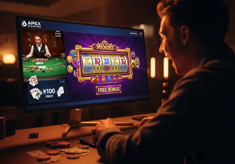 Online casino scene with a player holding cards and chips, cinematic warm lighting, featuring casino plus free 100 promotion.