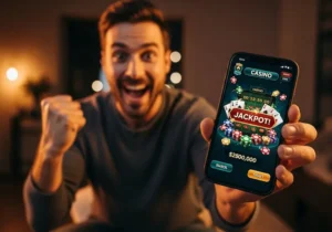 Adult cheering with smartphone showing online casino victory at casino frenzy login, celebrating jackpot win.