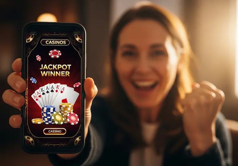 Person showing excitement on smartphone after winning online casino game at casino frenzy login.