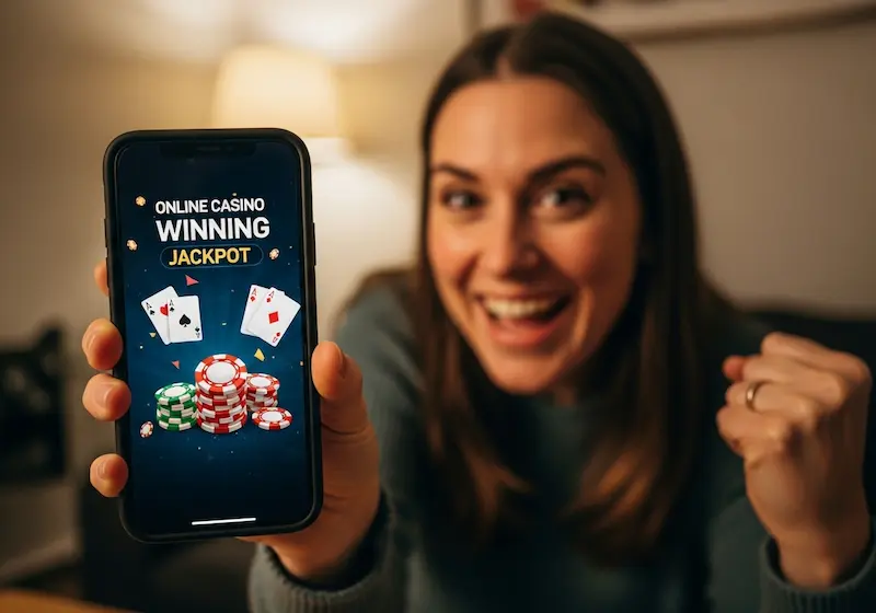Adult rejoicing with mobile casino victory, chips and cards displayed on screen at casino frenzy login.