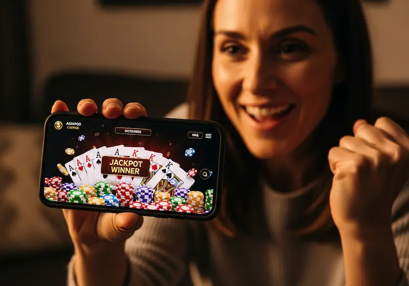 Happy player holding smartphone, winning online casino jackpot, casino frenzy login interface visible.