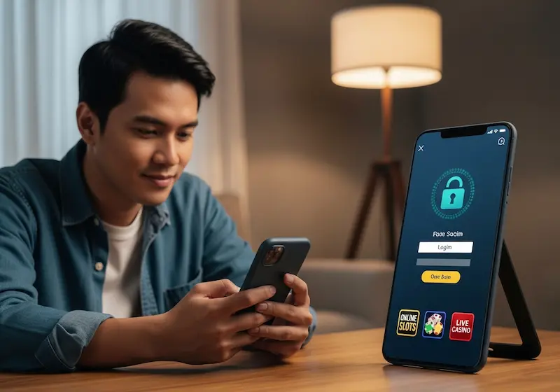 Filipino adult logging into phil168 online casino login on smartphone at home with secure login screen and digital padlock icon visible.