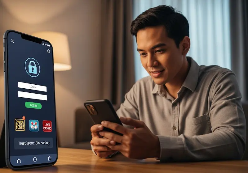 Focused Filipino player accessing phil168 online casino login on mobile device with live casino and slots icons on screen.