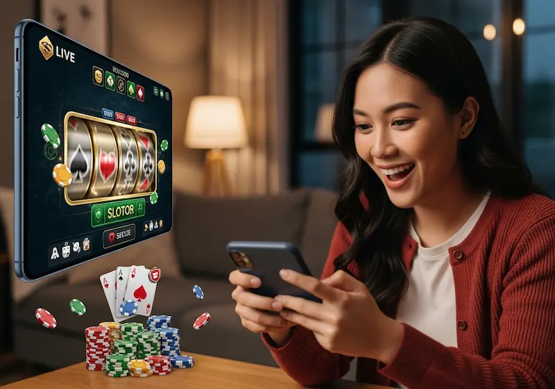 Excited Filipino player using smartphone for phil168 online casino login while playing live casino game with dynamic interface.