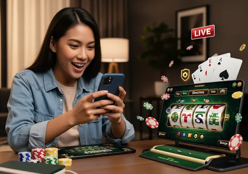 Filipino adult playing live slots after phil168 online casino login, smartphone screen showing spinning reels and casino graphics.