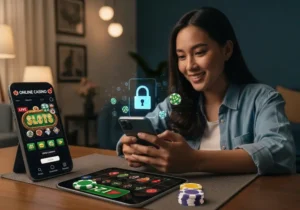 Filipino adult playing mobile casino games after fhm63 online casino login with secure interface and digital padlock symbol visible.