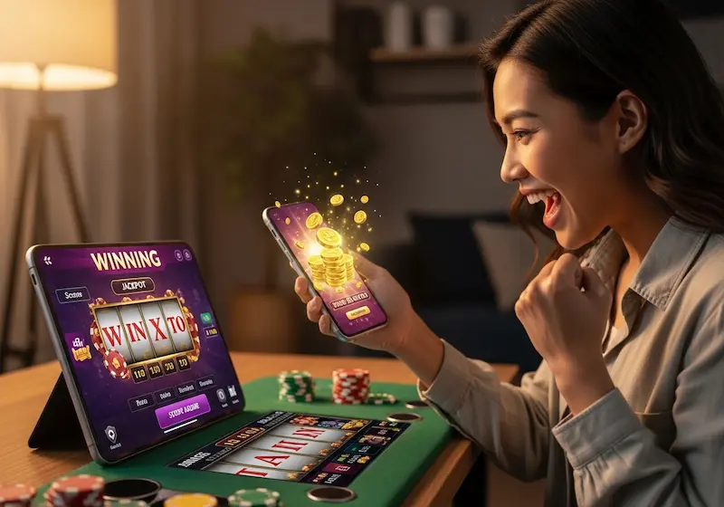 Happy Filipino winner holding smartphone showing winning screen from fhm63 online casino login with clear mobile interface.