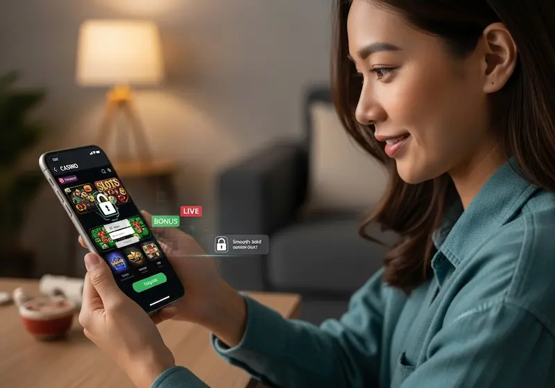 Filipino adult using smartphone to access cc6 casino login, secure login screen with digital padlock and mobile casino dashboard visible.