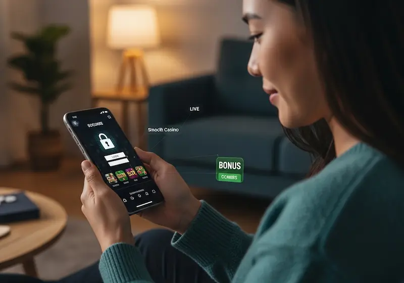 Confident Filipino player logging into cc6 casino login on smartphone with live casino and slots icons displayed.
