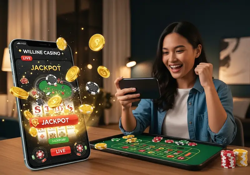 Excited Filipino adult celebrating winning online casino jackpot after cc6 casino login, glowing coins and chips animation visible on smartphone screen.