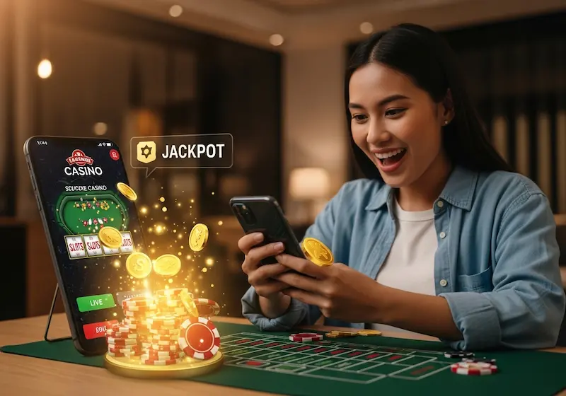 Filipino player smiling at smartphone with cc6 casino login, showing live slots reels and jackpot notification on screen.