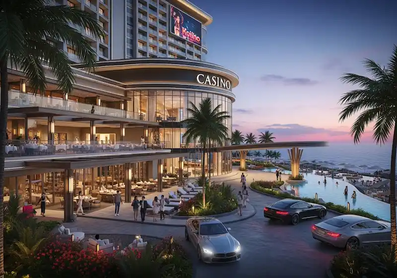 Luxury resort exterior at thunderbird resorts and casinos poro point along the Philippine coastline, featuring elegant guests, outdoor pool, and premium cars in driveway.