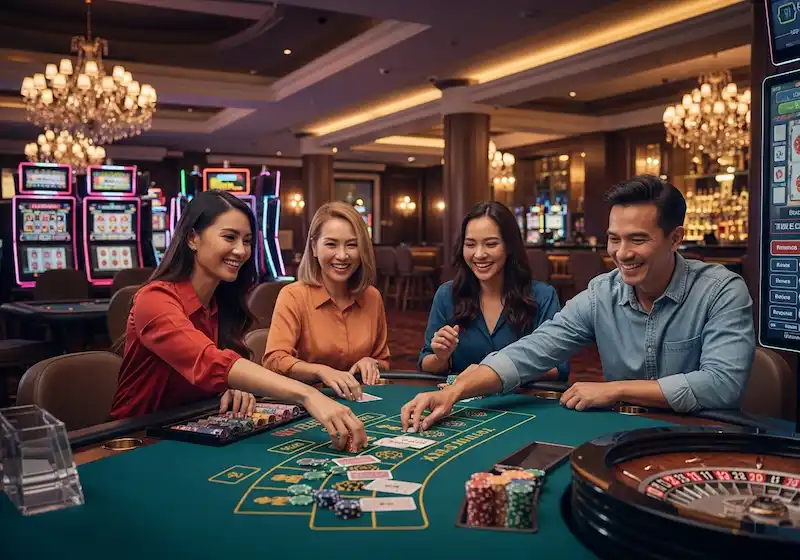 Luxury casino interior at thunderbird resorts and casinos poro point with Filipino adults engaged in games, warm lighting, and elegant décor.