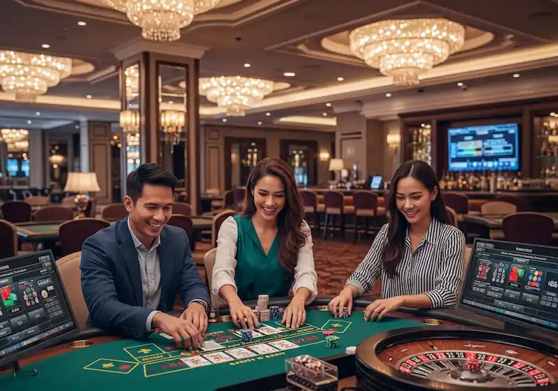 Filipino adults playing poker and slots inside thunderbird resorts and casinos poro point, celebrating a winning moment with excited smiles.