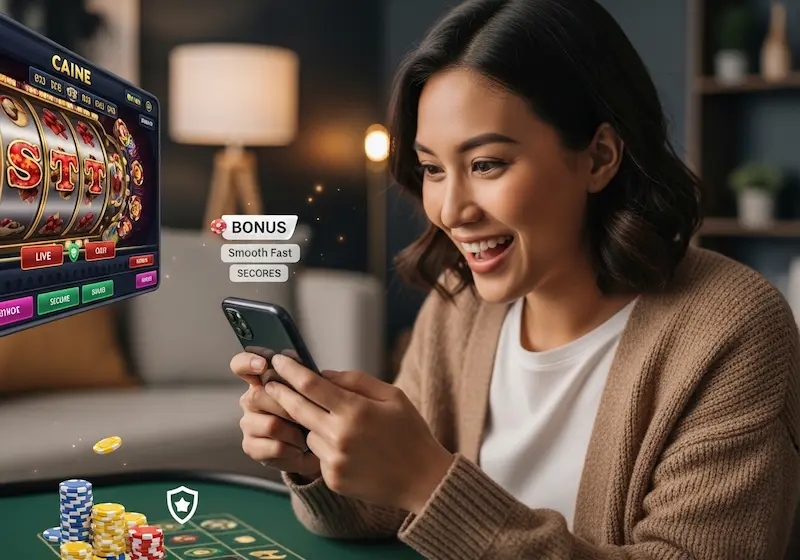 Focused Filipino player using smartphone for phfun.club casino, live slots reels spinning in a modern home setting.