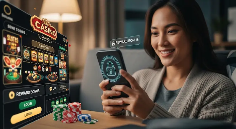 Filipino adult playing mobile slots at phrush casino in a relaxed home setting with secure login and bonus notification visible.