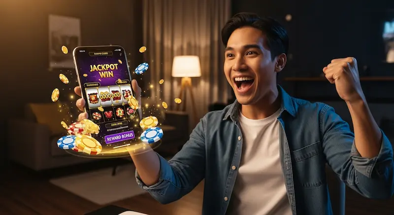 Joyful Filipino winner holding smartphone after big win at phrush casino with animated slot reels and bonus rewards visible.