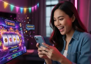 Filipino adult playing slots on smartphone with colorful party-themed interface at Pop Party Casino, confetti and bonus icons visible.