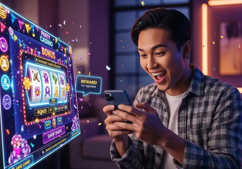 Excited Filipino player receiving reward pop-up while playing on smartphone at Pop Party Casino with festive casino graphics.