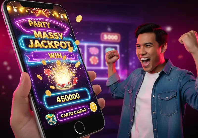 Filipino adult celebrating jackpot win on smartphone at Pop Party Casino with flashing win banner and glowing coins.