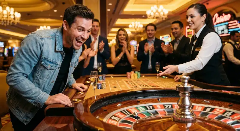 Excited casino player cheering beside a roulette table at Phkilig Online Casino.