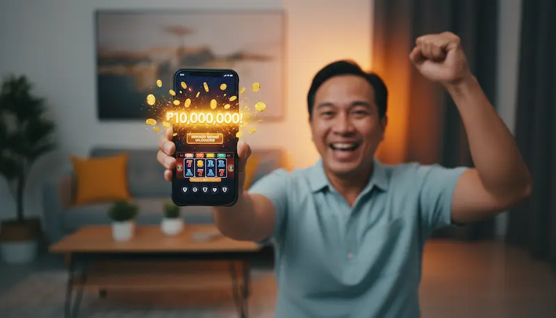 Filipino adult celebrating jackpot win at phrush casino with smartphone raised and bright winning amount on screen.